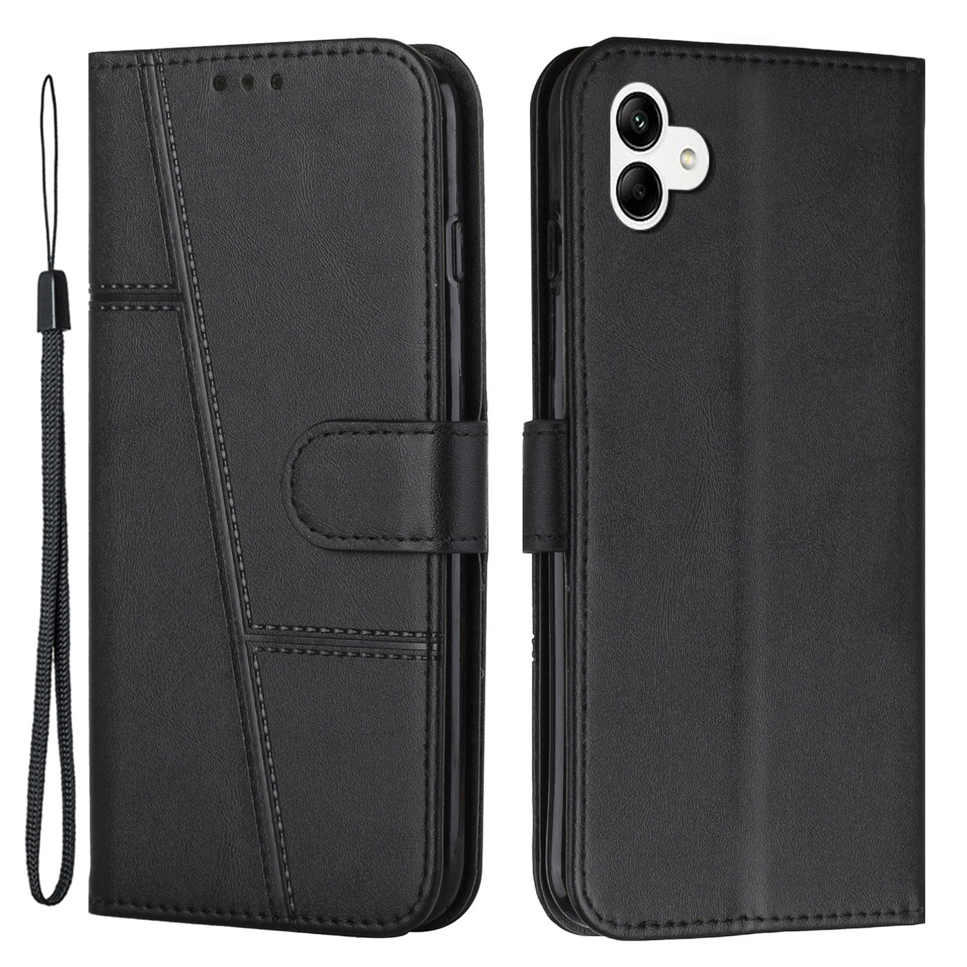 For Samsung Galaxy A04e 4G Wallet Phone Case Magnetic Clasp Foldable Stand Imprinted Stitching Line PU Leather Cover with Strap