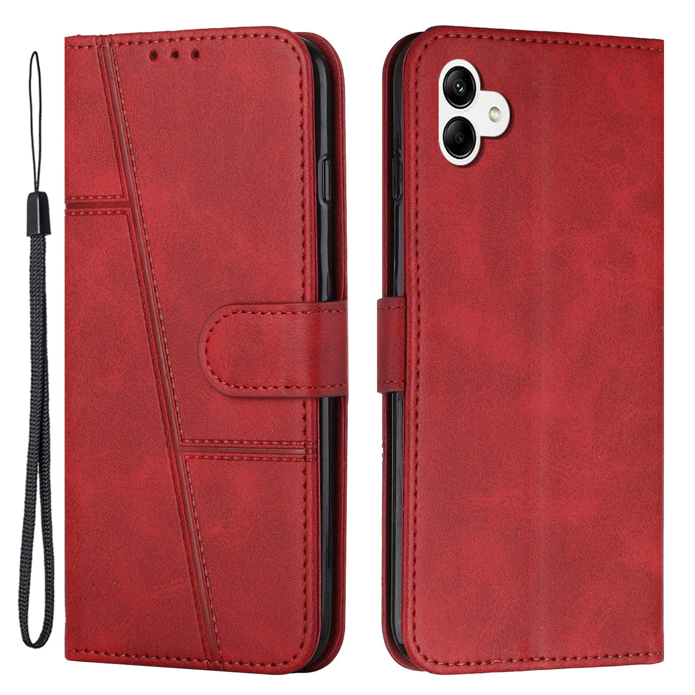 For Samsung Galaxy A04e 4G Wallet Phone Case Magnetic Clasp Foldable Stand Imprinted Stitching Line PU Leather Cover with Strap