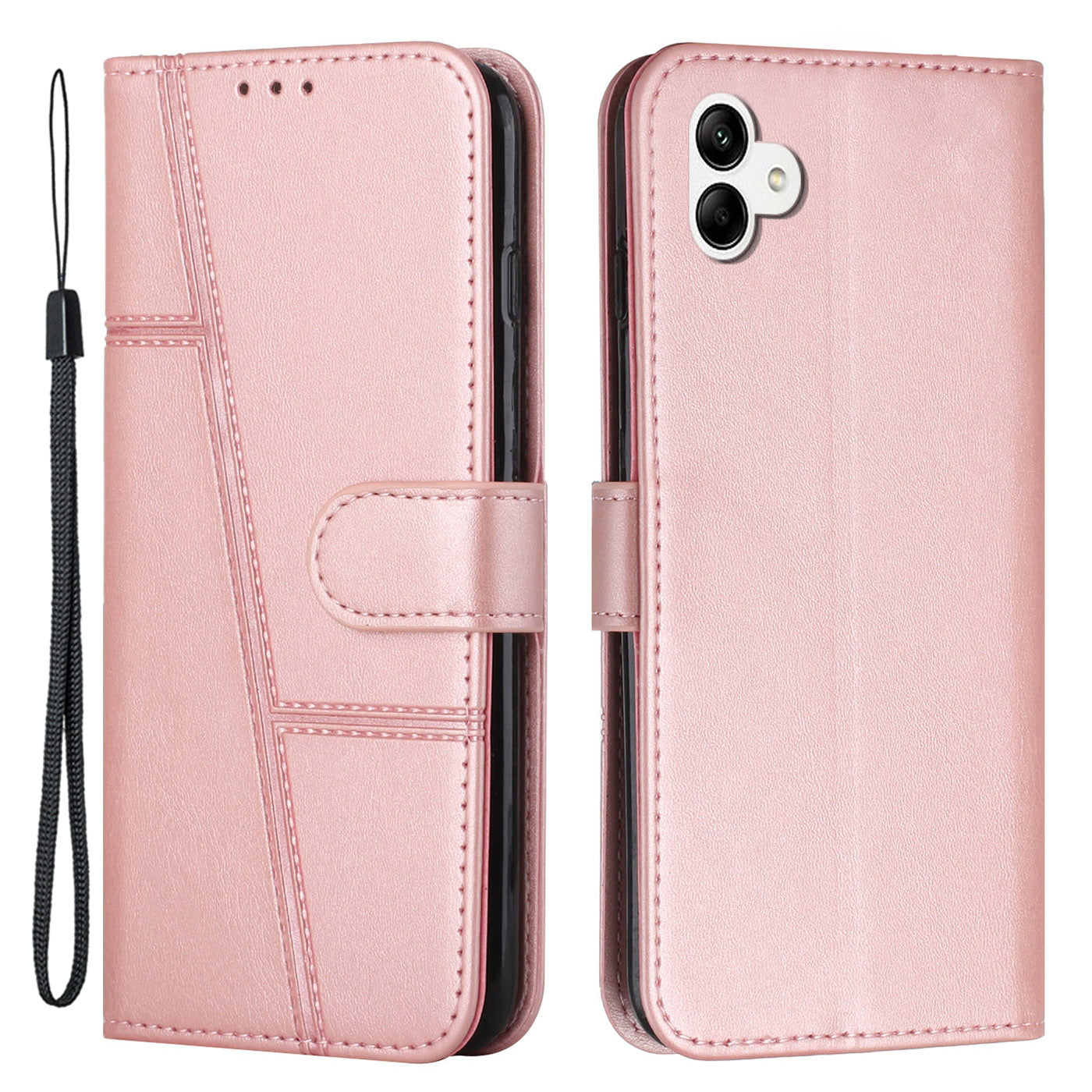 For Samsung Galaxy A04e 4G Wallet Phone Case Magnetic Clasp Foldable Stand Imprinted Stitching Line PU Leather Cover with Strap