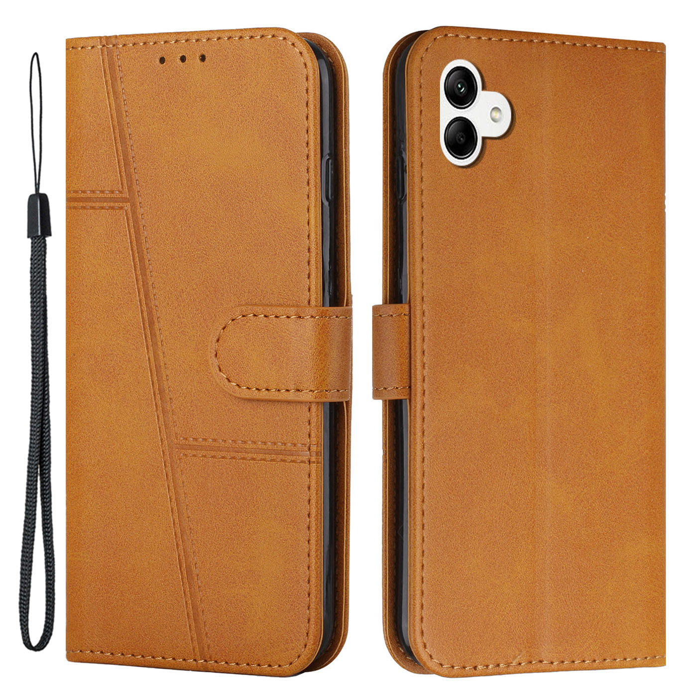 For Samsung Galaxy A04e 4G Wallet Phone Case Magnetic Clasp Foldable Stand Imprinted Stitching Line PU Leather Cover with Strap