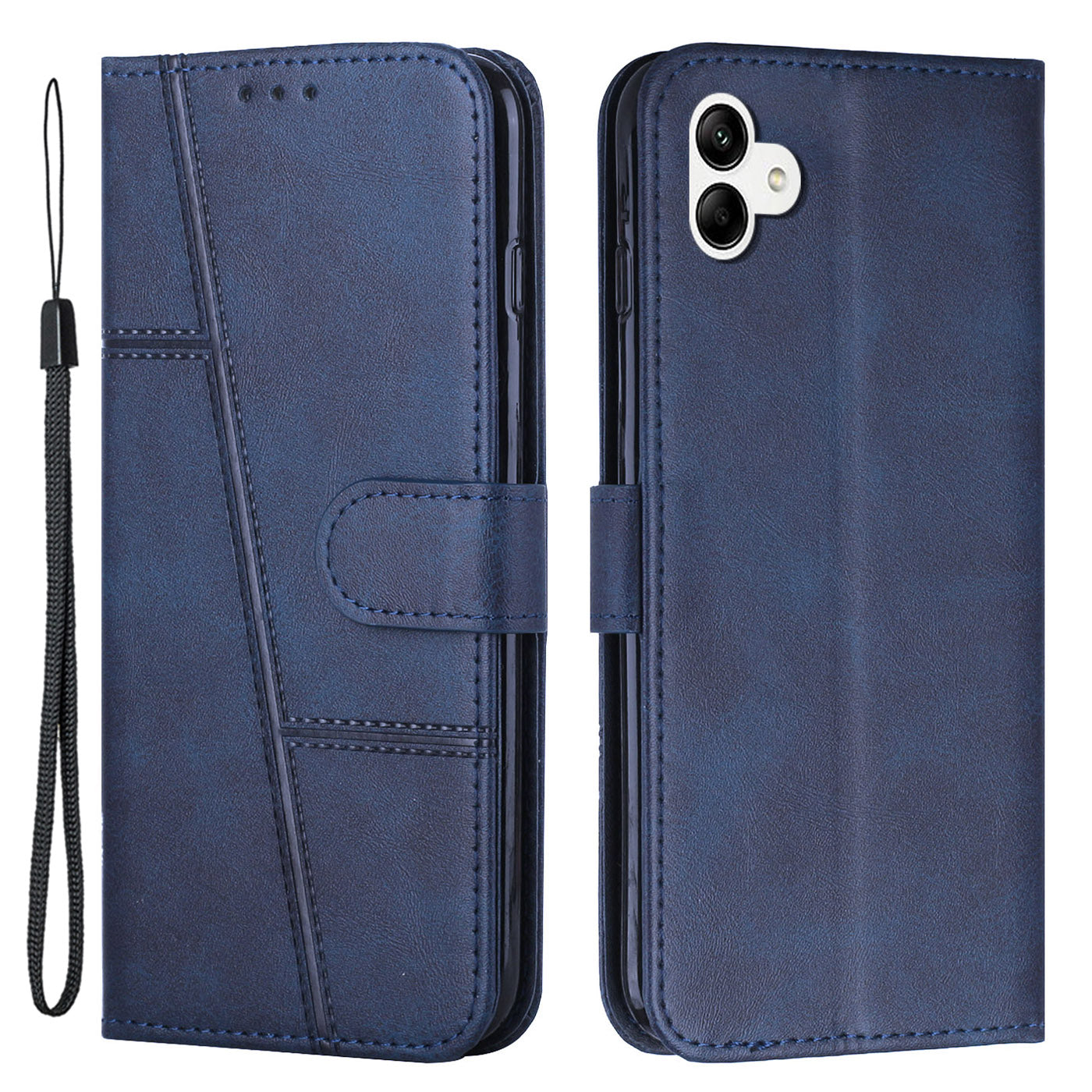 For Samsung Galaxy A04e 4G Wallet Phone Case Magnetic Clasp Foldable Stand Imprinted Stitching Line PU Leather Cover with Strap