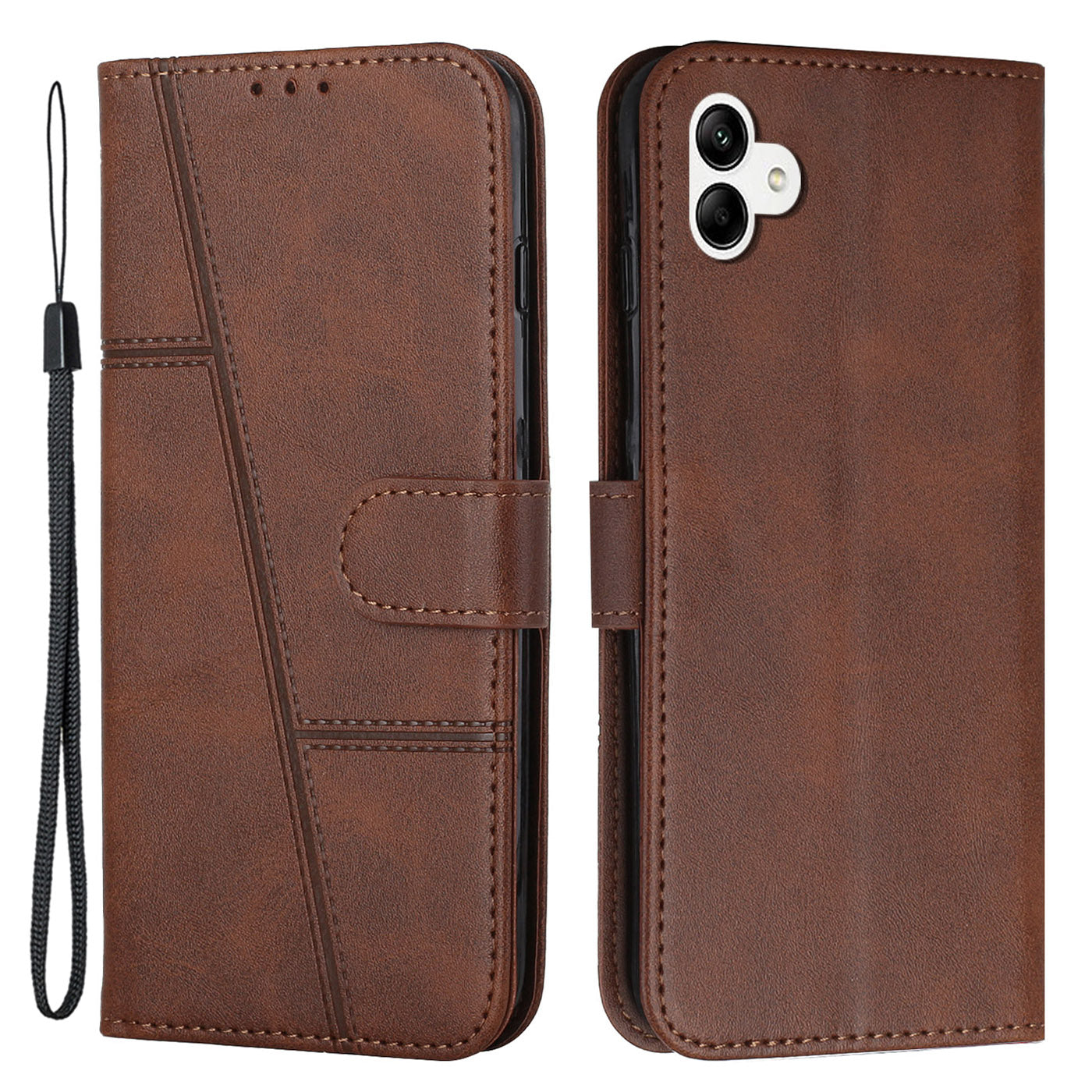 For Samsung Galaxy A04e 4G Wallet Phone Case Magnetic Clasp Foldable Stand Imprinted Stitching Line PU Leather Cover with Strap