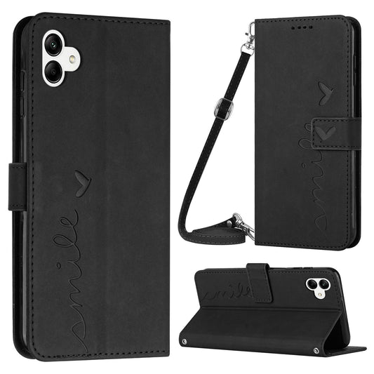For Samsung Galaxy A04e 4G PU Leather Wallet Phone Cover Imprinted Heart Shape Stand Skin-touch Feeling Anti-drop Smartphone Case with Shoulder Strap