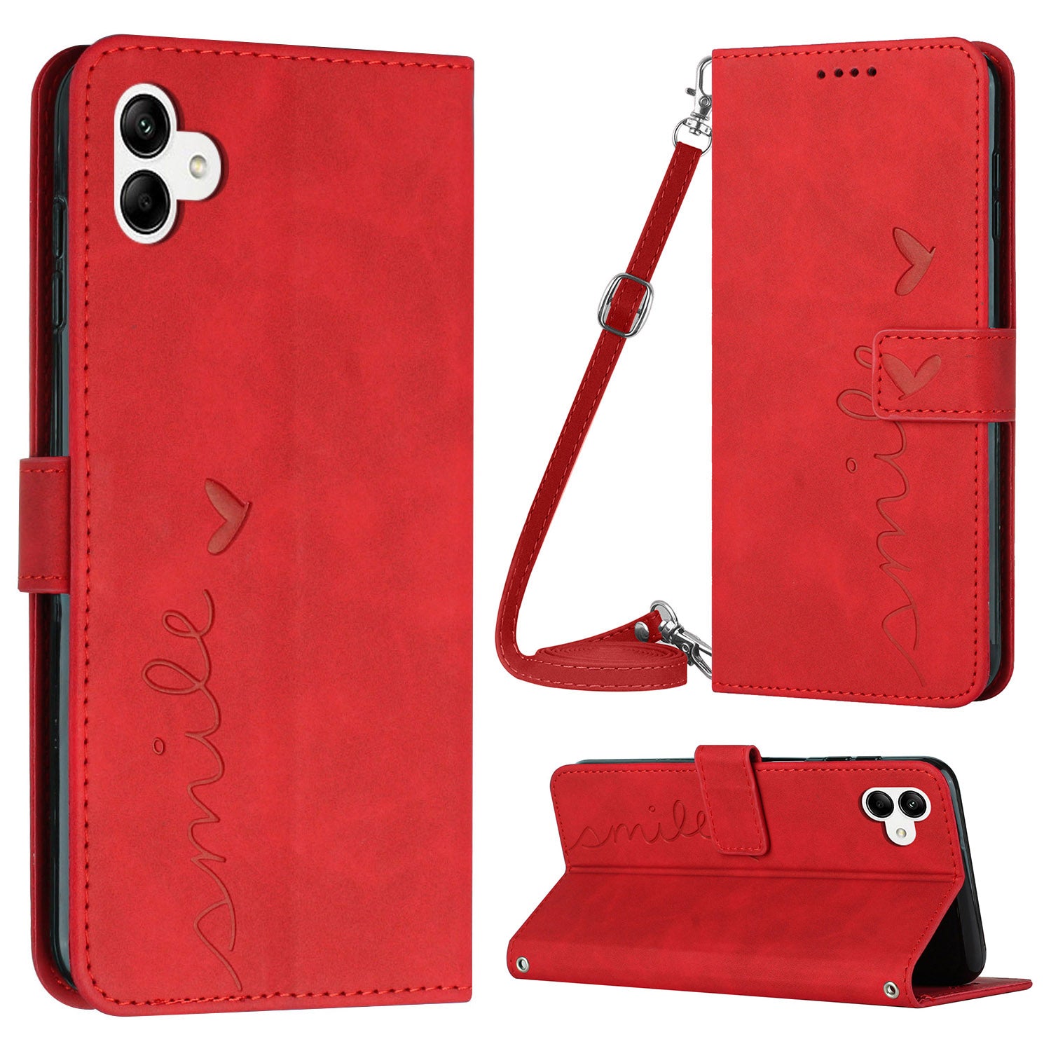 For Samsung Galaxy A04e 4G PU Leather Wallet Phone Cover Imprinted Heart Shape Stand Skin-touch Feeling Anti-drop Smartphone Case with Shoulder Strap