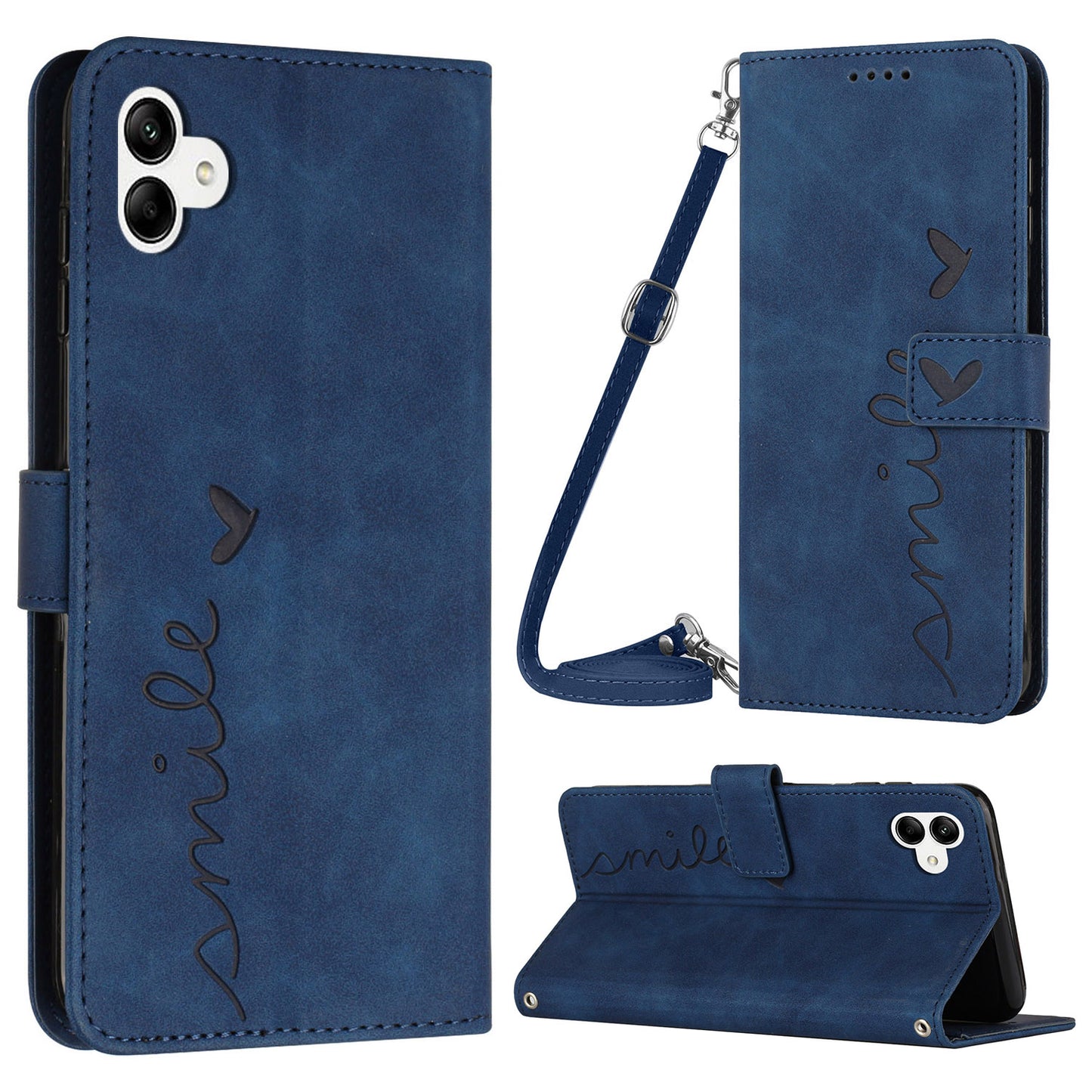 For Samsung Galaxy A04e 4G PU Leather Wallet Phone Cover Imprinted Heart Shape Stand Skin-touch Feeling Anti-drop Smartphone Case with Shoulder Strap