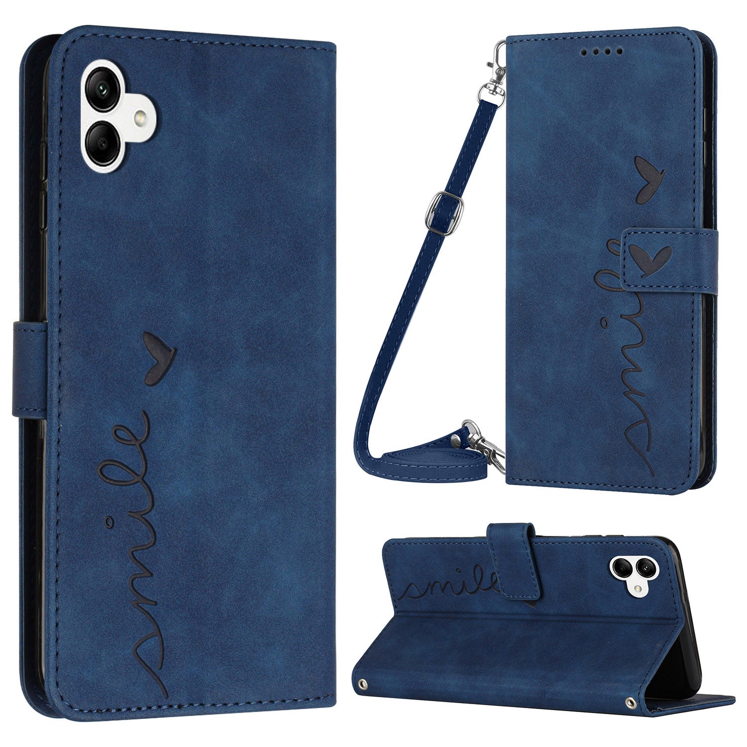 For Samsung Galaxy A04e 4G PU Leather Wallet Phone Cover Imprinted Heart Shape Stand Skin-touch Feeling Anti-drop Smartphone Case with Shoulder Strap