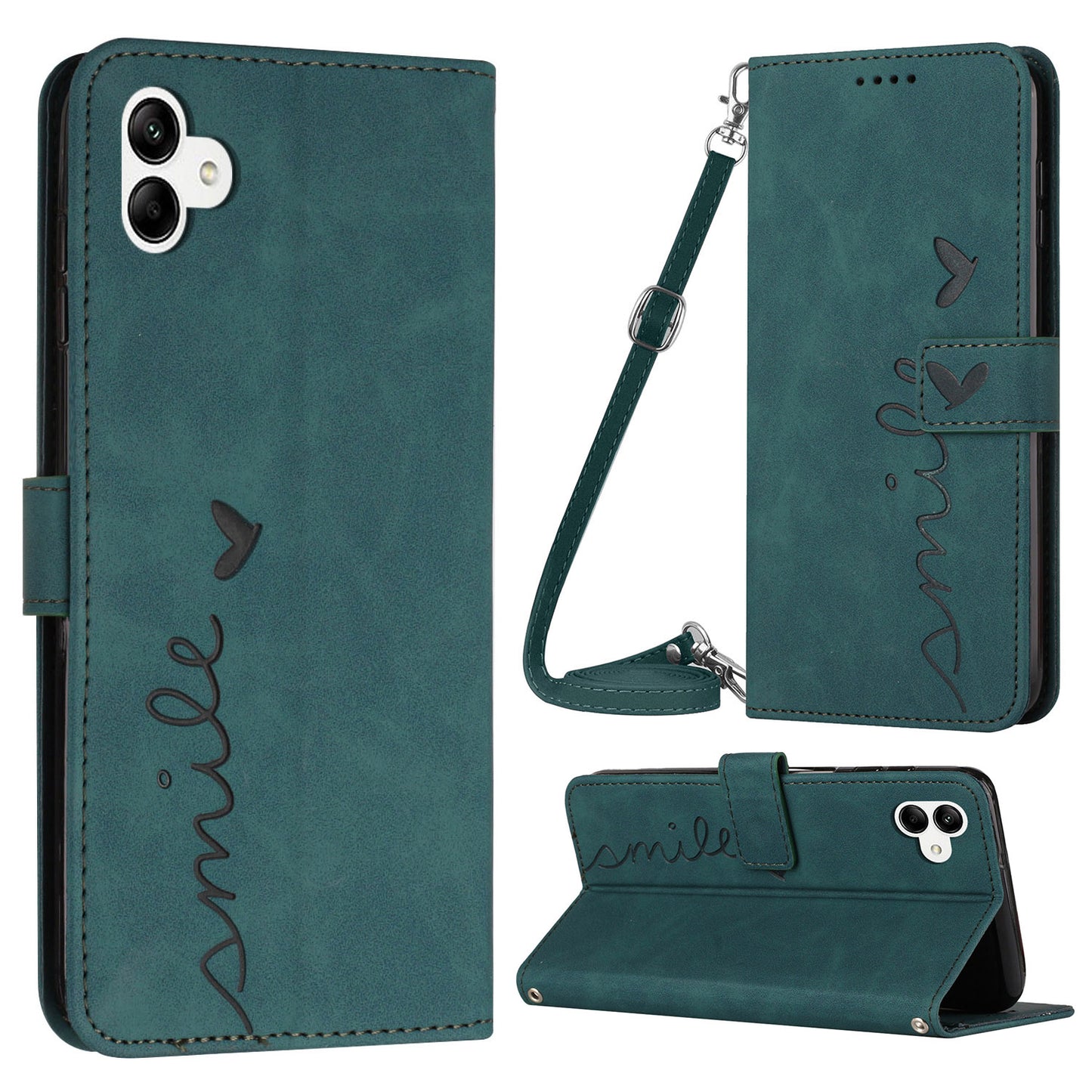 For Samsung Galaxy A04e 4G PU Leather Wallet Phone Cover Imprinted Heart Shape Stand Skin-touch Feeling Anti-drop Smartphone Case with Shoulder Strap