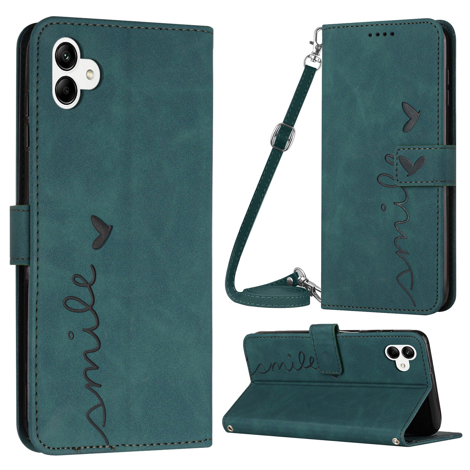 For Samsung Galaxy A04e 4G PU Leather Wallet Phone Cover Imprinted Heart Shape Stand Skin-touch Feeling Anti-drop Smartphone Case with Shoulder Strap
