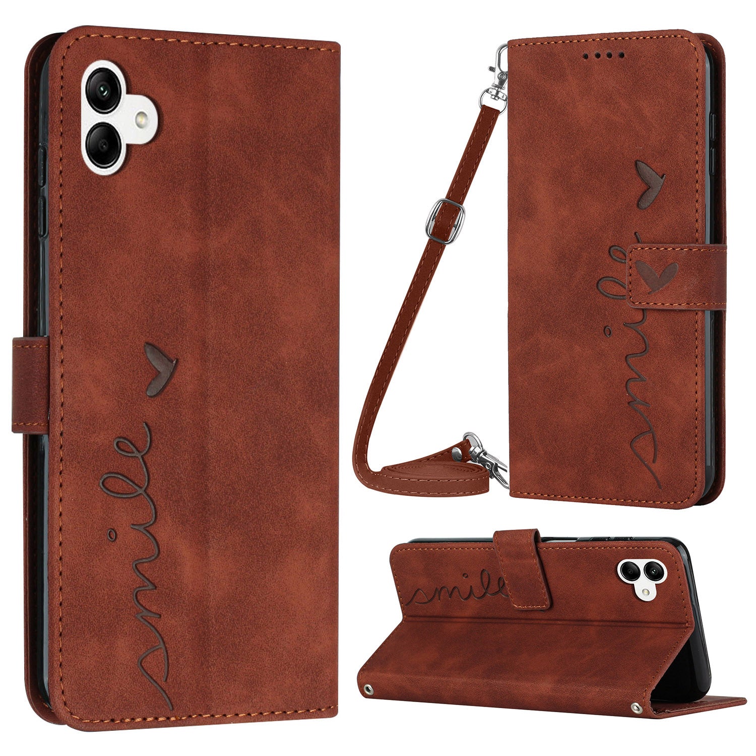 For Samsung Galaxy A04e 4G PU Leather Wallet Phone Cover Imprinted Heart Shape Stand Skin-touch Feeling Anti-drop Smartphone Case with Shoulder Strap