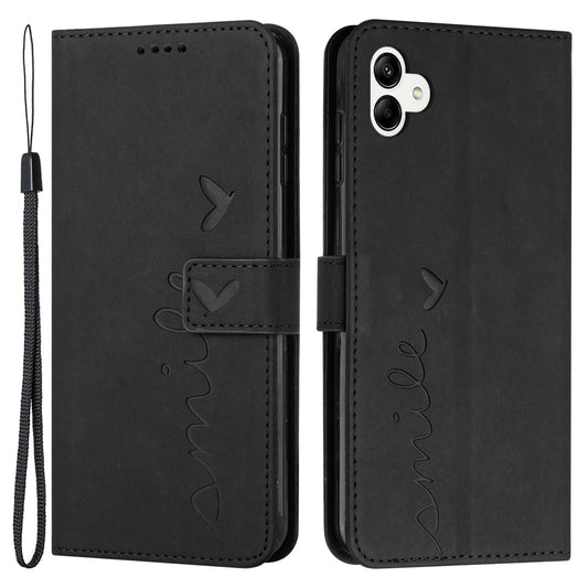 For Samsung Galaxy A04e 4G Book Style PU Leather Wallet Phone Case Imprinted Heart Shape Skin-touch Feeling Stand Cover with Strap