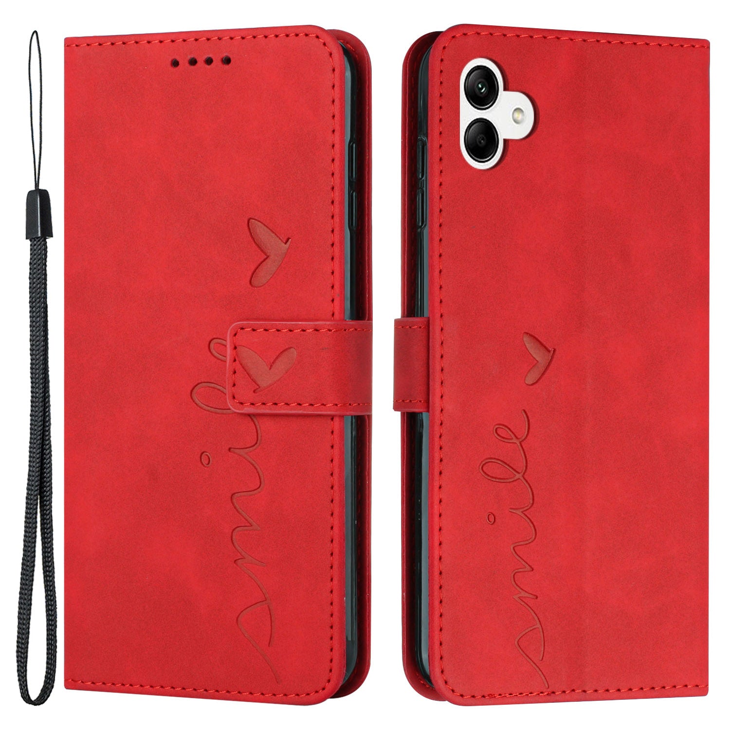 For Samsung Galaxy A04e 4G Book Style PU Leather Wallet Phone Case Imprinted Heart Shape Skin-touch Feeling Stand Cover with Strap