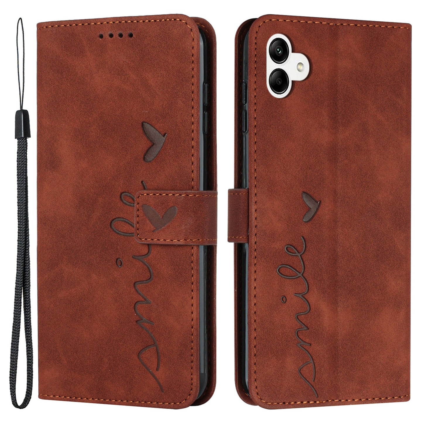 For Samsung Galaxy A04e 4G Book Style PU Leather Wallet Phone Case Imprinted Heart Shape Skin-touch Feeling Stand Cover with Strap