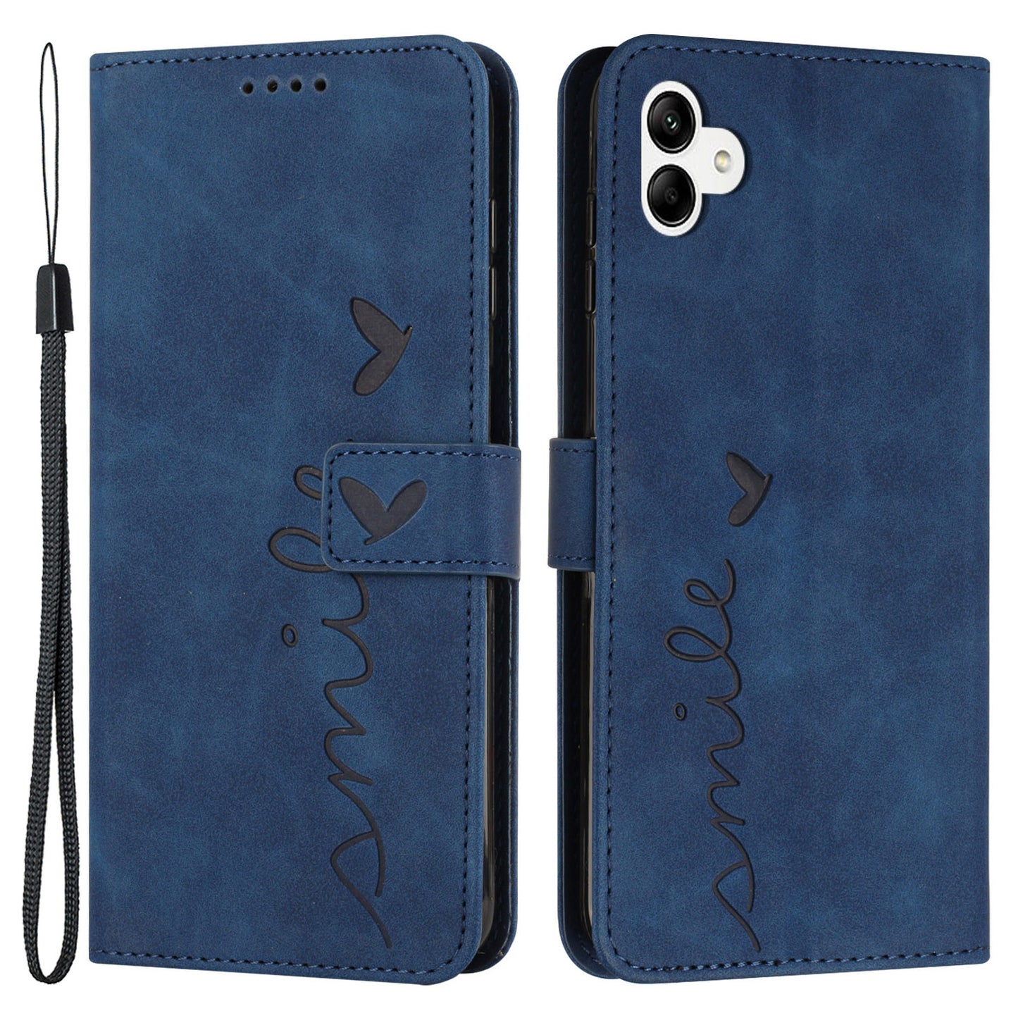 For Samsung Galaxy A04e 4G Book Style PU Leather Wallet Phone Case Imprinted Heart Shape Skin-touch Feeling Stand Cover with Strap