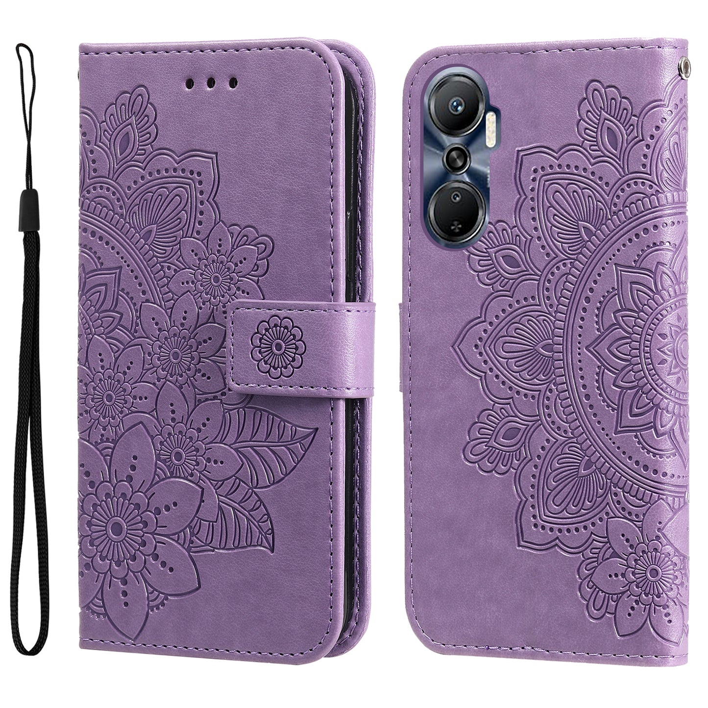 For Infinix Hot 20 4G Shockproof PU Leather Phone Case Stand Wallet Flower Imprinting Anti-drop Phone Cover with Strap