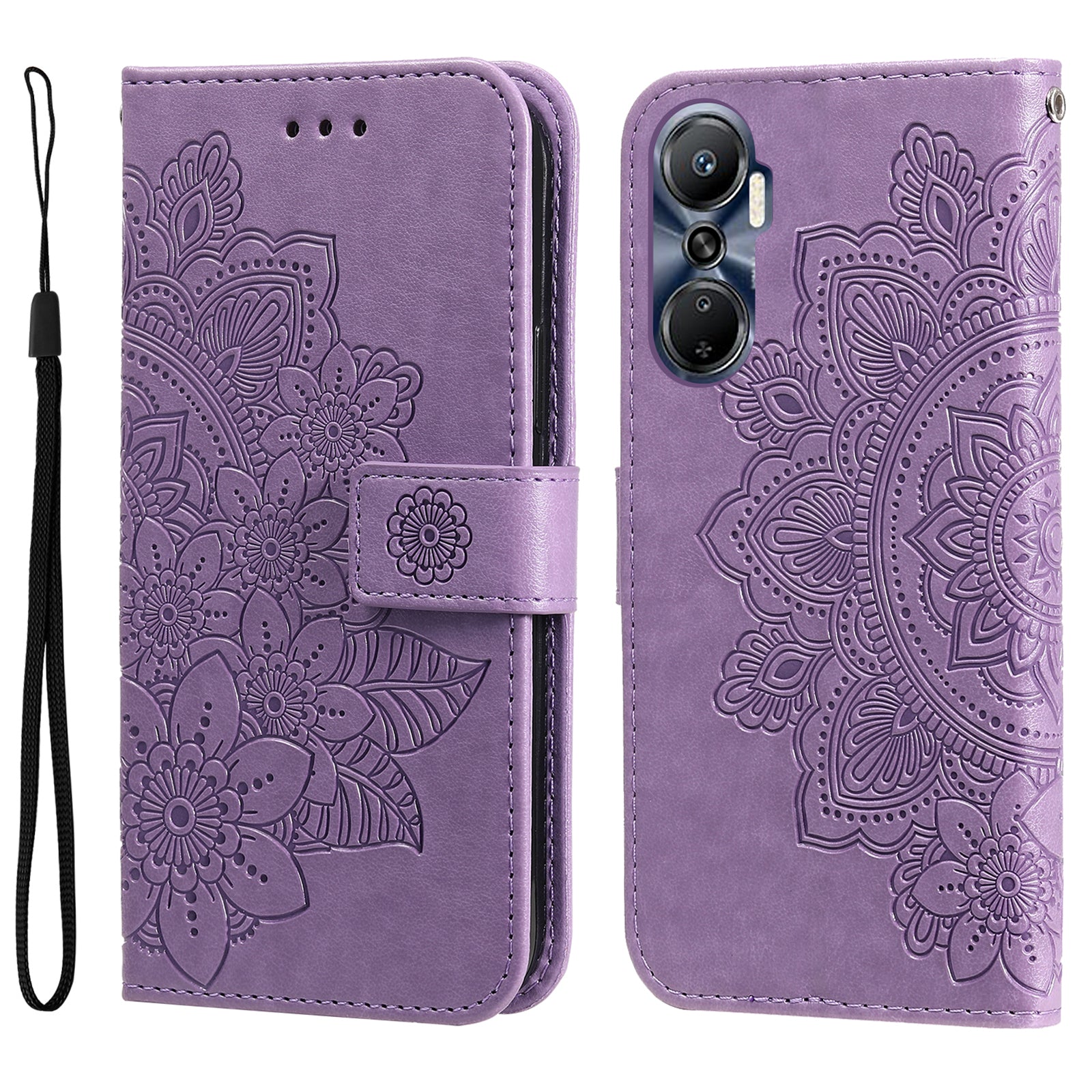For Infinix Hot 20 4G Shockproof PU Leather Phone Case Stand Wallet Flower Imprinting Anti-drop Phone Cover with Strap