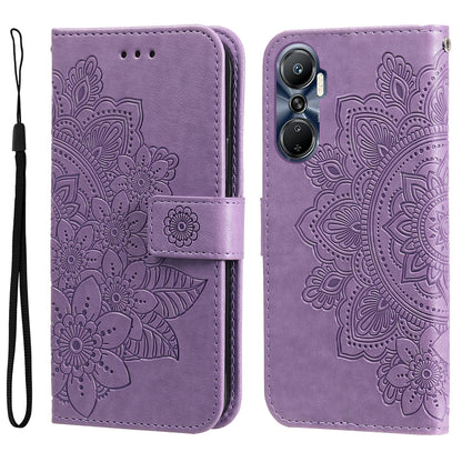 For Infinix Hot 20 4G Shockproof PU Leather Phone Case Stand Wallet Flower Imprinting Anti-drop Phone Cover with Strap