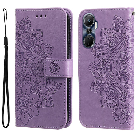 For Infinix Hot 20 4G Shockproof PU Leather Phone Case Stand Wallet Flower Imprinting Anti-drop Phone Cover with Strap