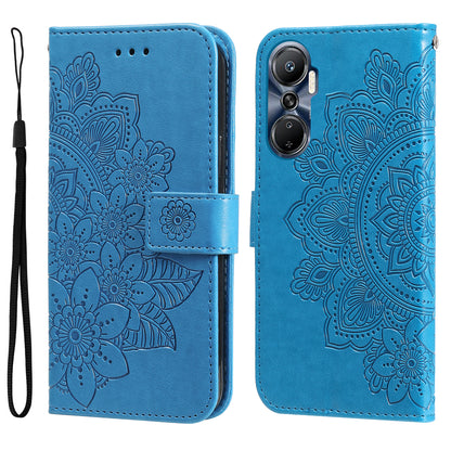 For Infinix Hot 20 4G Shockproof PU Leather Phone Case Stand Wallet Flower Imprinting Anti-drop Phone Cover with Strap