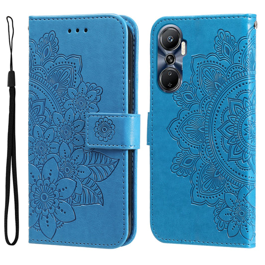 For Infinix Hot 20 4G Shockproof PU Leather Phone Case Stand Wallet Flower Imprinting Anti-drop Phone Cover with Strap