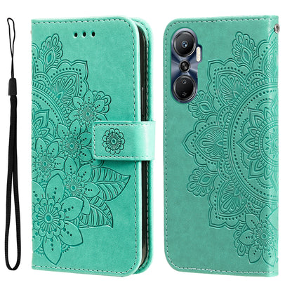 For Infinix Hot 20 4G Shockproof PU Leather Phone Case Stand Wallet Flower Imprinting Anti-drop Phone Cover with Strap