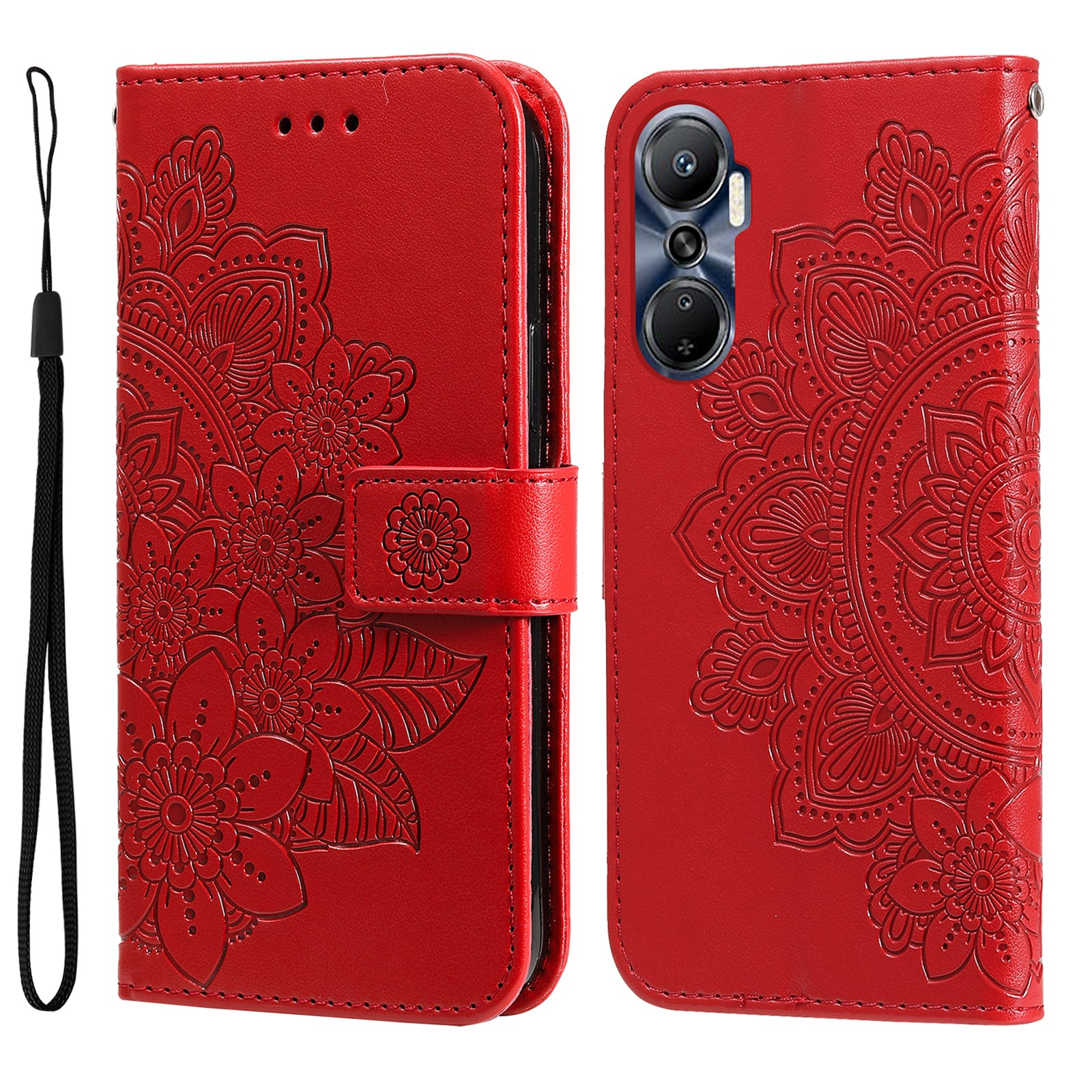 For Infinix Hot 20 4G Shockproof PU Leather Phone Case Stand Wallet Flower Imprinting Anti-drop Phone Cover with Strap