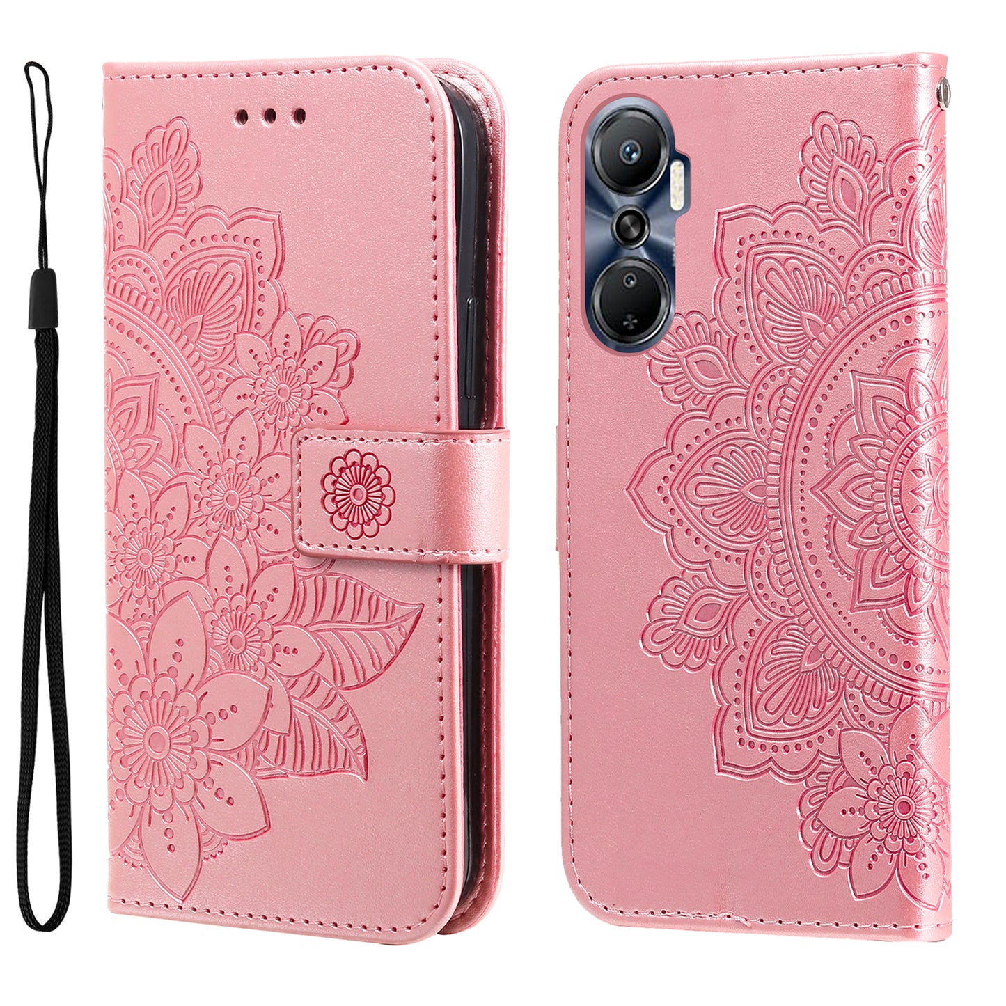 For Infinix Hot 20 4G Shockproof PU Leather Phone Case Stand Wallet Flower Imprinting Anti-drop Phone Cover with Strap