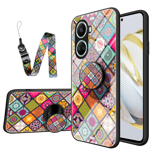 For Huawei nova 10 SE 4G Tempered Glass Anti-Yellow Flower Pattern Phone Case PC + TPU Shockproof Kickstand Cover with Lanyard