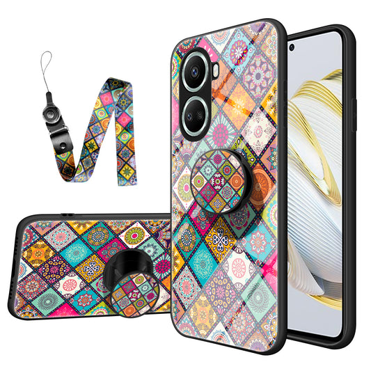 For Huawei nova 10 SE 4G Tempered Glass Anti-Yellow Flower Pattern Phone Case PC + TPU Shockproof Kickstand Cover with Lanyard