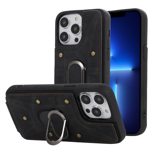 For iPhone 13 Pro 6.1 inch Card Bag Design Anti-fall Skin-touch PU Leather Coated TPU Back Case with Magnetic Ring Kickstand