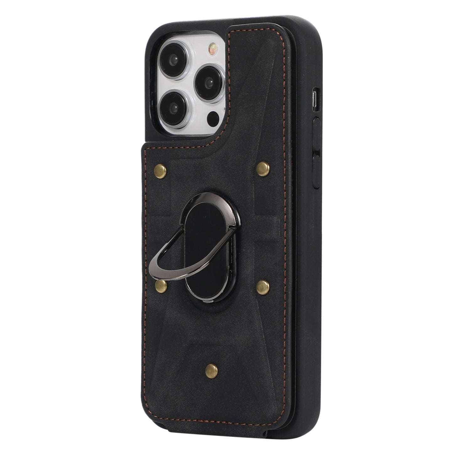 For iPhone 13 Pro 6.1 inch Card Bag Design Anti-fall Skin-touch PU Leather Coated TPU Back Case with Magnetic Ring Kickstand