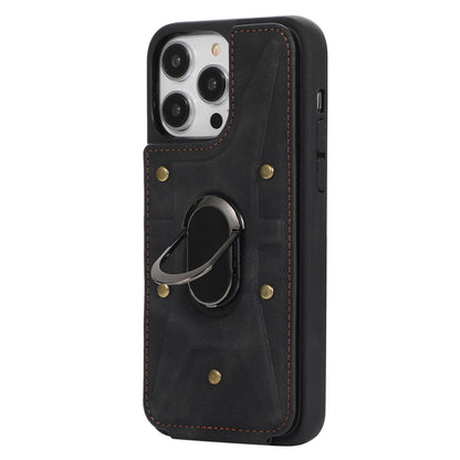 For iPhone 13 Pro 6.1 inch Card Bag Design Anti-fall Skin-touch PU Leather Coated TPU Back Case with Magnetic Ring Kickstand