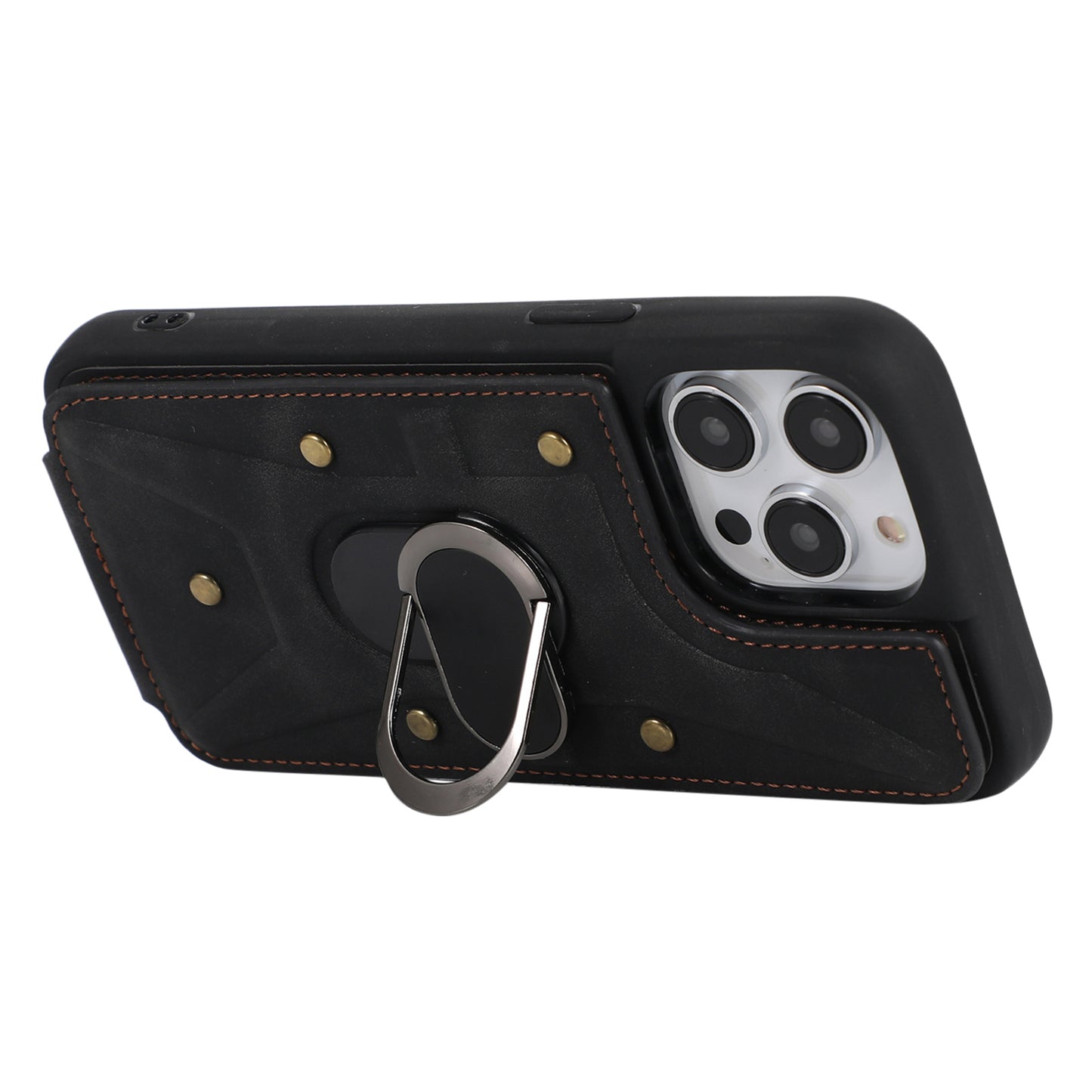 For iPhone 13 Pro 6.1 inch Card Bag Design Anti-fall Skin-touch PU Leather Coated TPU Back Case with Magnetic Ring Kickstand