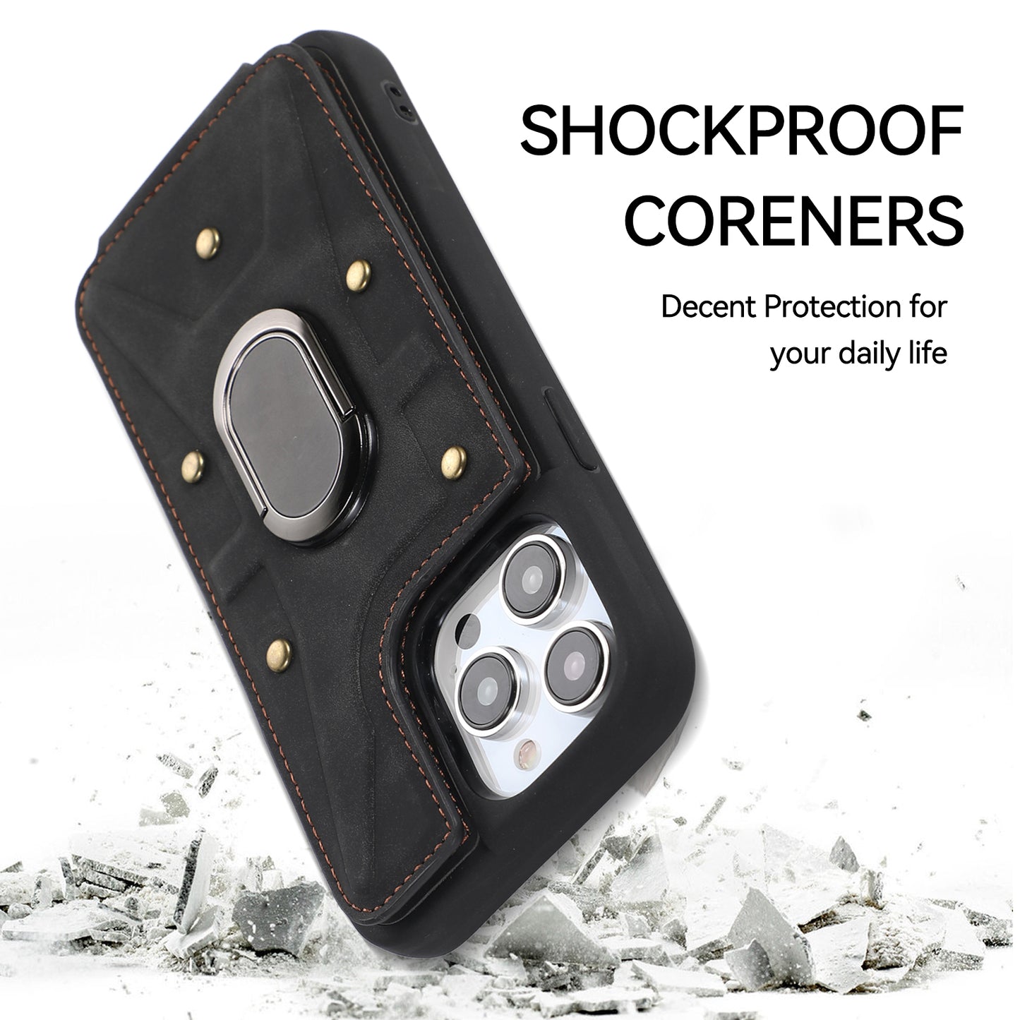 For iPhone 13 Pro 6.1 inch Card Bag Design Anti-fall Skin-touch PU Leather Coated TPU Back Case with Magnetic Ring Kickstand