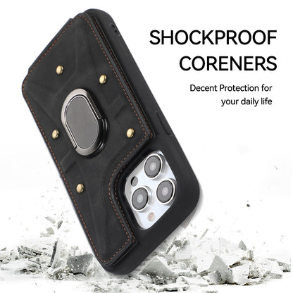 For iPhone 13 Pro 6.1 inch Card Bag Design Anti-fall Skin-touch PU Leather Coated TPU Back Case with Magnetic Ring Kickstand