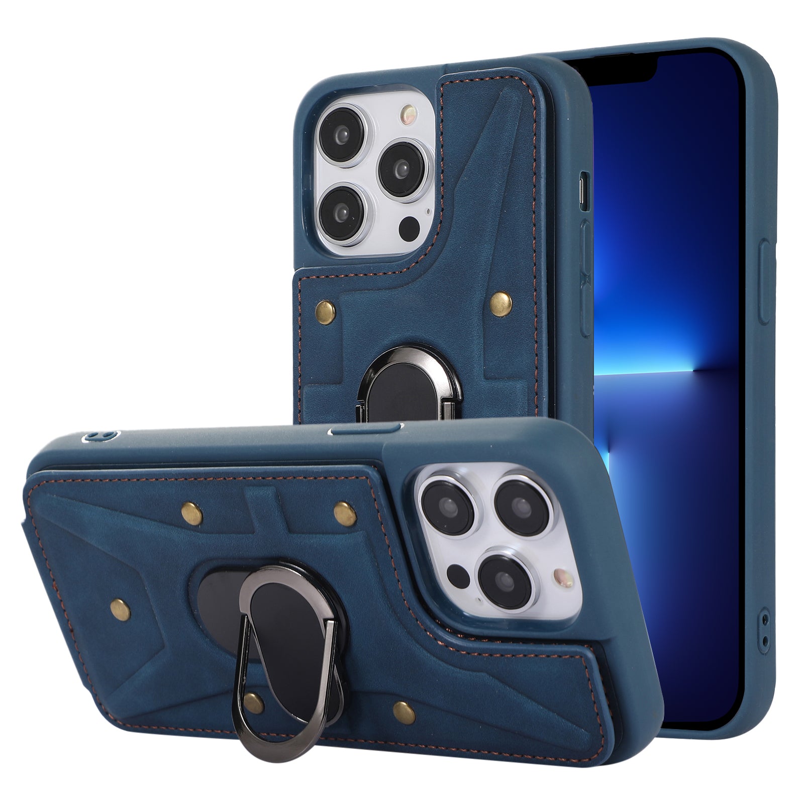 For iPhone 13 Pro 6.1 inch Card Bag Design Anti-fall Skin-touch PU Leather Coated TPU Back Case with Magnetic Ring Kickstand