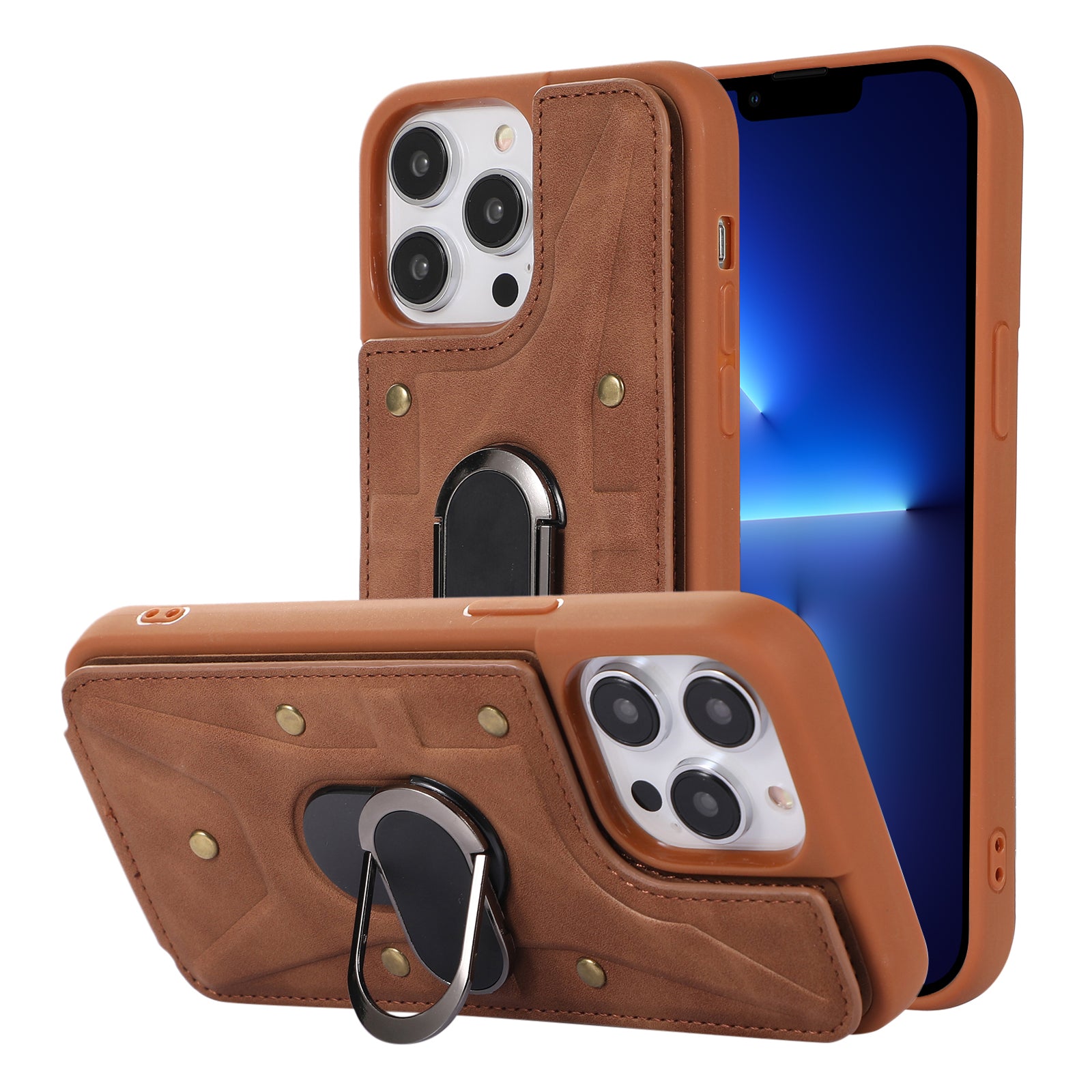 For iPhone 13 Pro 6.1 inch Card Bag Design Anti-fall Skin-touch PU Leather Coated TPU Back Case with Magnetic Ring Kickstand