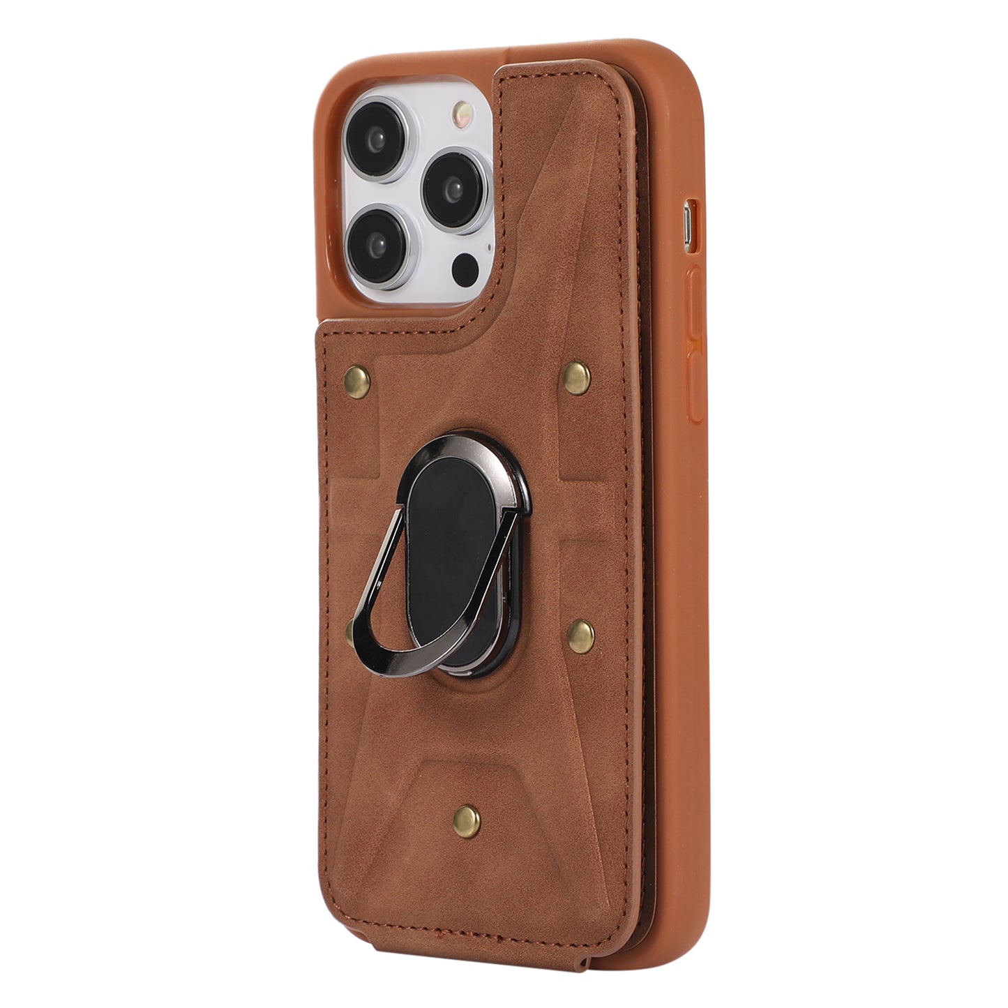 For iPhone 13 Pro 6.1 inch Card Bag Design Anti-fall Skin-touch PU Leather Coated TPU Back Case with Magnetic Ring Kickstand
