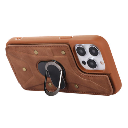 For iPhone 13 Pro 6.1 inch Card Bag Design Anti-fall Skin-touch PU Leather Coated TPU Back Case with Magnetic Ring Kickstand
