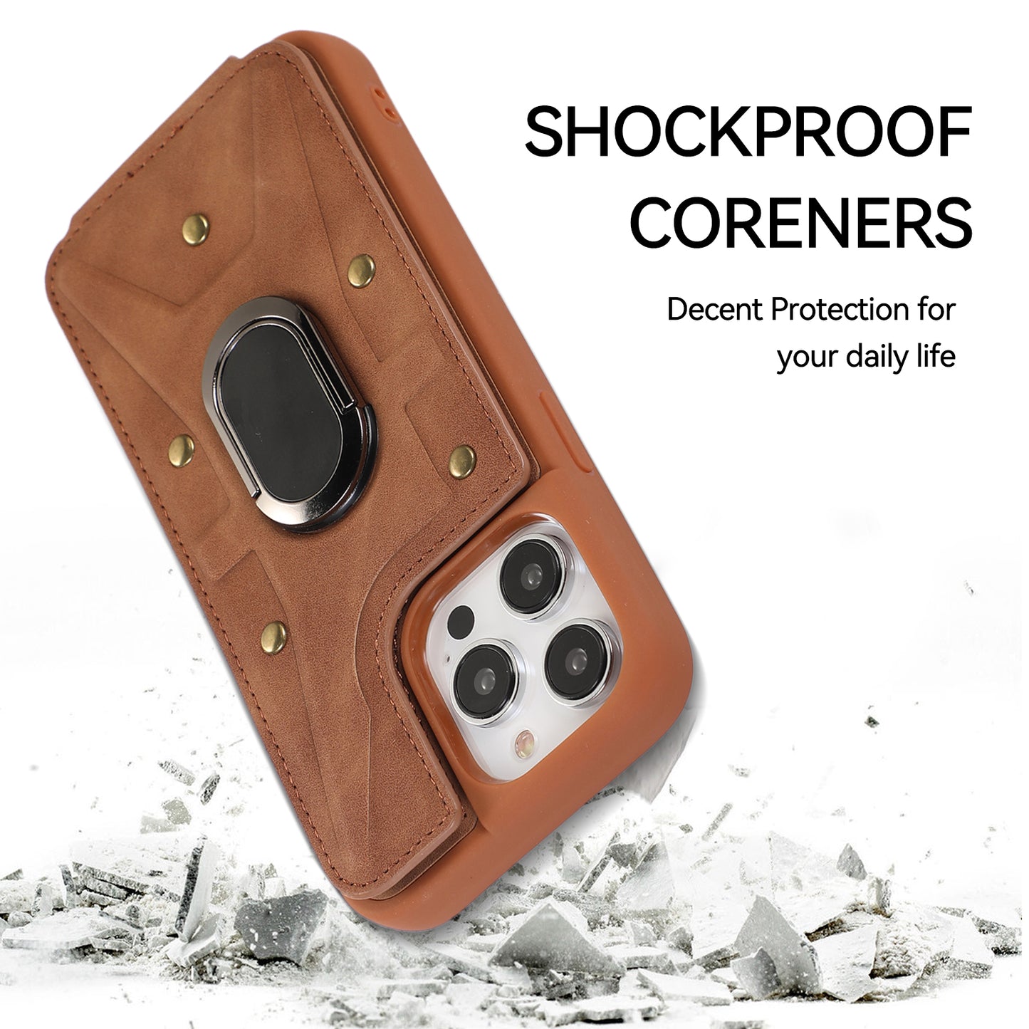 For iPhone 13 Pro 6.1 inch Card Bag Design Anti-fall Skin-touch PU Leather Coated TPU Back Case with Magnetic Ring Kickstand