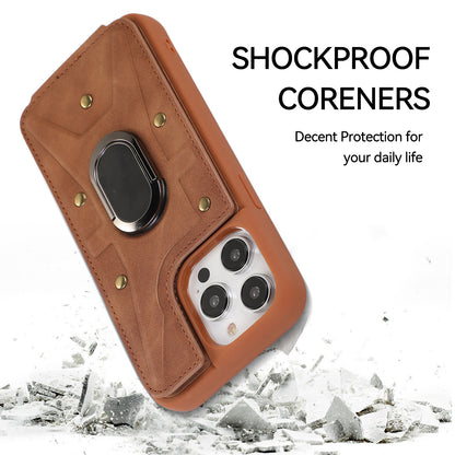For iPhone 13 Pro 6.1 inch Card Bag Design Anti-fall Skin-touch PU Leather Coated TPU Back Case with Magnetic Ring Kickstand