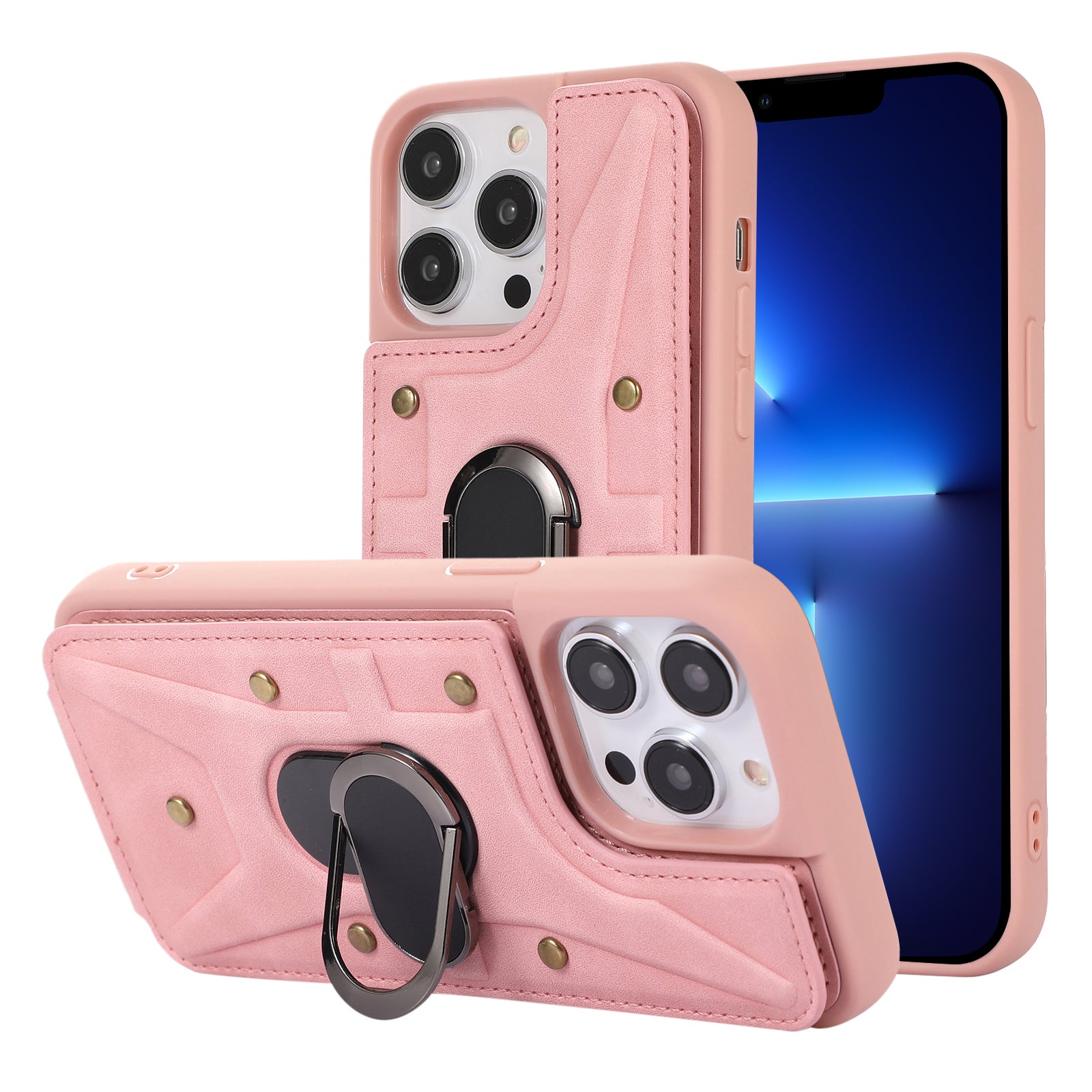 For iPhone 13 Pro 6.1 inch Card Bag Design Anti-fall Skin-touch PU Leather Coated TPU Back Case with Magnetic Ring Kickstand