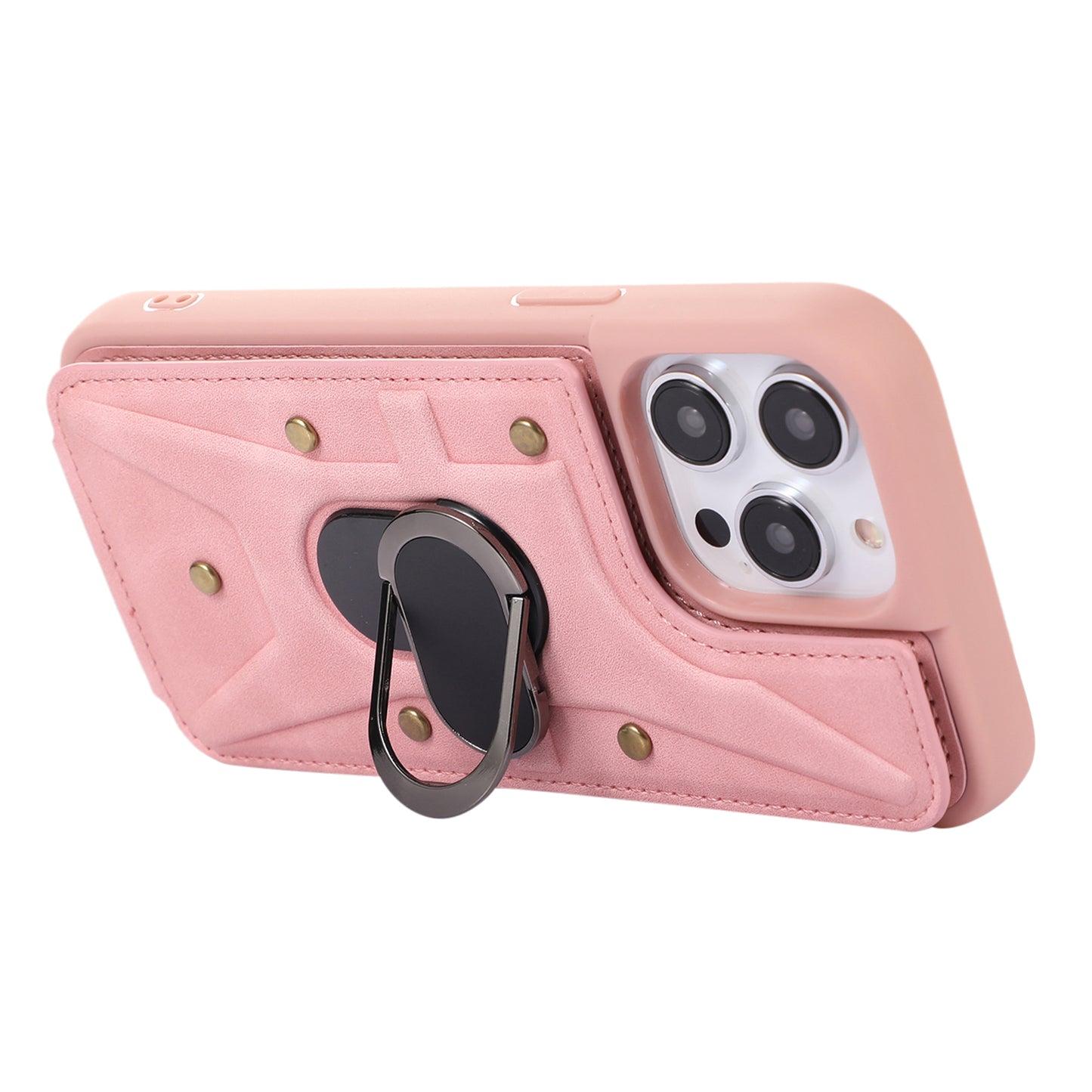 For iPhone 13 Pro 6.1 inch Card Bag Design Anti-fall Skin-touch PU Leather Coated TPU Back Case with Magnetic Ring Kickstand