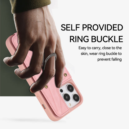 For iPhone 13 Pro 6.1 inch Card Bag Design Anti-fall Skin-touch PU Leather Coated TPU Back Case with Magnetic Ring Kickstand
