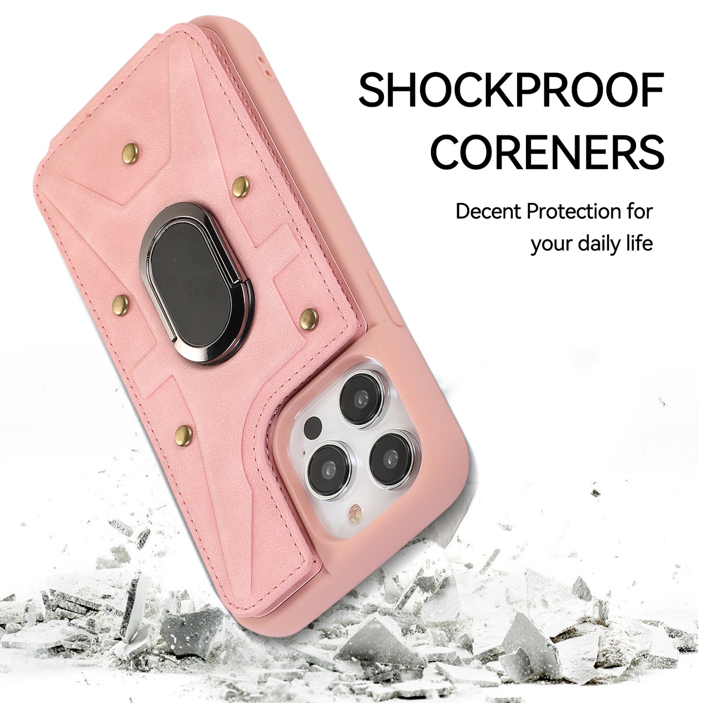 For iPhone 13 Pro 6.1 inch Card Bag Design Anti-fall Skin-touch PU Leather Coated TPU Back Case with Magnetic Ring Kickstand