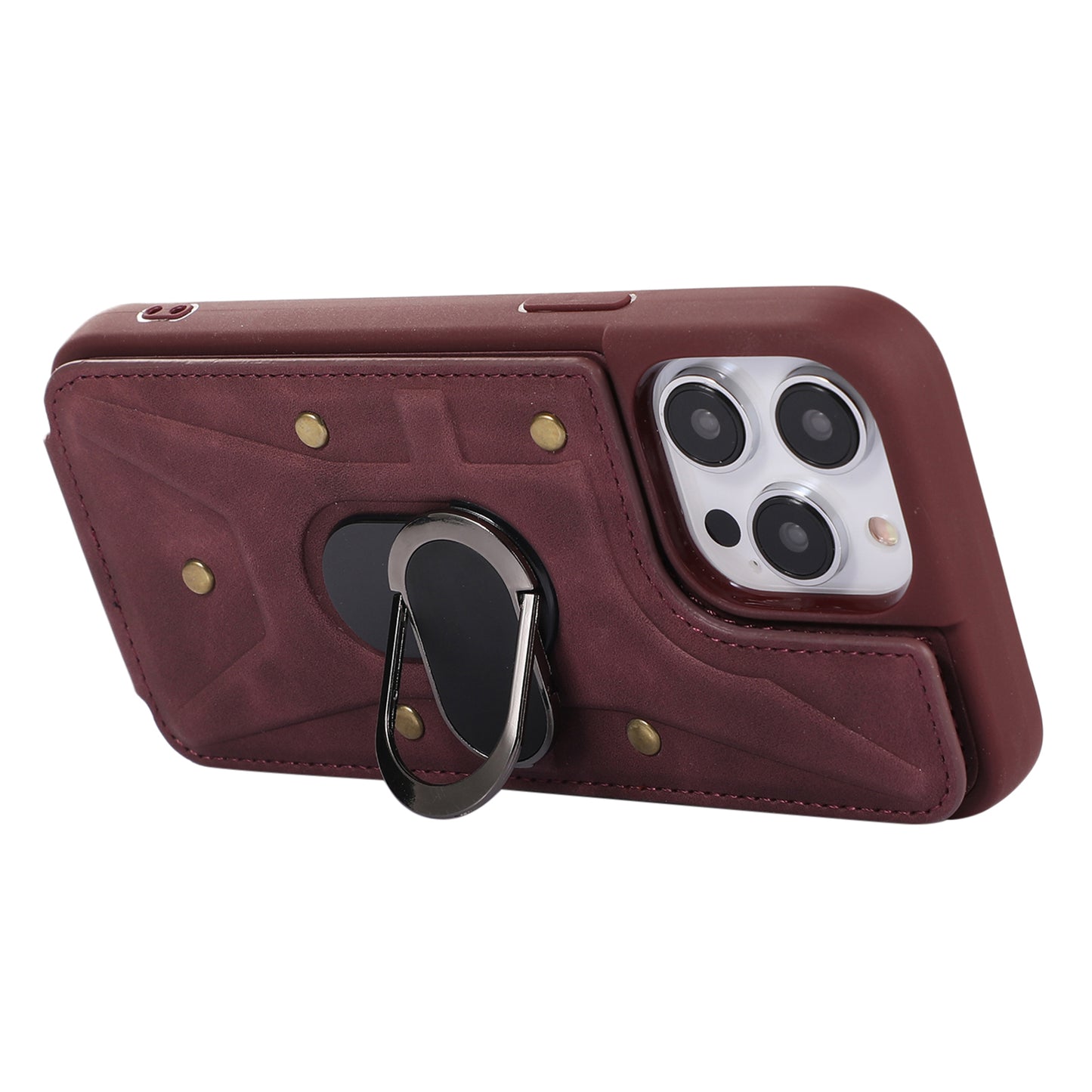 For iPhone 13 Pro 6.1 inch Card Bag Design Anti-fall Skin-touch PU Leather Coated TPU Back Case with Magnetic Ring Kickstand