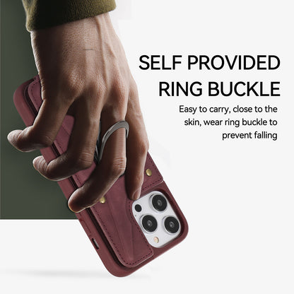 For iPhone 13 Pro 6.1 inch Card Bag Design Anti-fall Skin-touch PU Leather Coated TPU Back Case with Magnetic Ring Kickstand