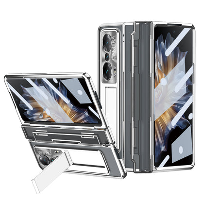 For Honor Magic Vs Ultimate 5G / Magic Vs 5G Anti-fall Transparent Phone Case Electroplating PC Folding Back Cover Kickstand with Tempered Glass Film