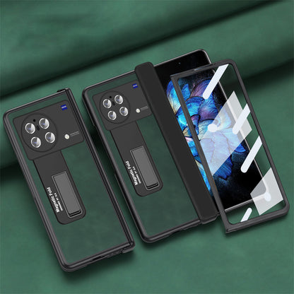 Nappa Texture Phone Case For vivo X Fold, Hinge Protection Kickstand Anti-scratch PU Leather + PC Phone Cover with Tempered Glass Film