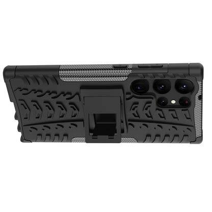 For Samsung Galaxy S23 Ultra Hard PC+TPU Rugged Tire Pattern  Kickstand Design Phone Case Back Cover