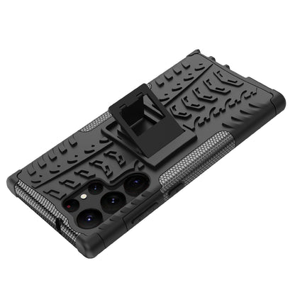 For Samsung Galaxy S23 Ultra Hard PC+TPU Rugged Tire Pattern  Kickstand Design Phone Case Back Cover